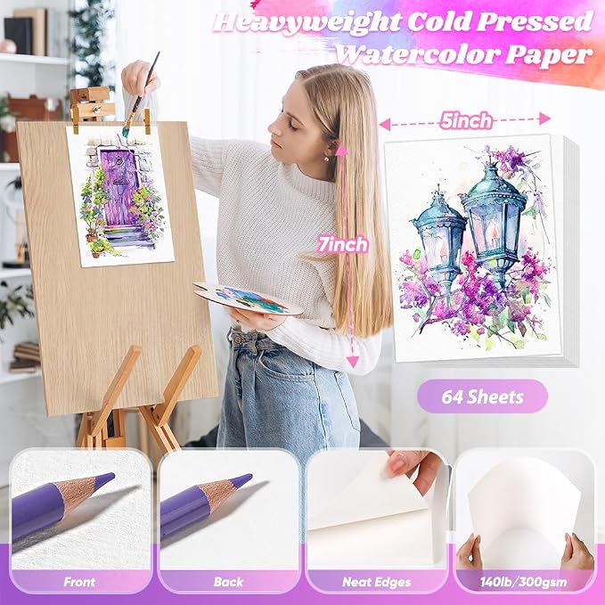 64 Sheets Watercolor Paper, Loose Drawing Paper Bulk | 140lb/300gsm Artist - Image 2