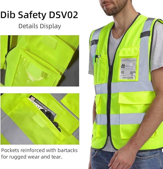 Dib Safety Vest Reflective ANSI Class 2, High Visibility Vest with Pockets and Zipper, Hi Vis Yellow 5 Pack M