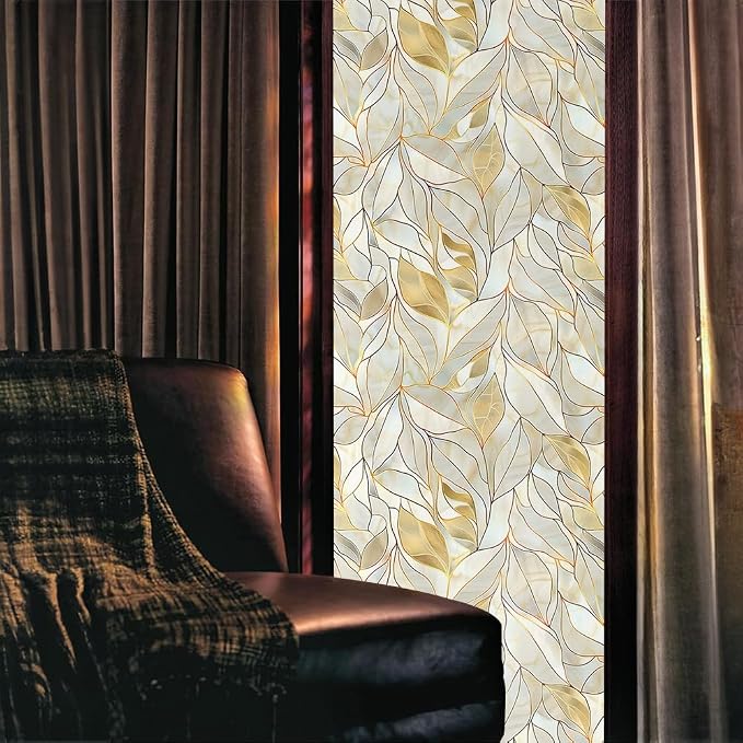 Peal Yellow Gold Leaf Stained Glass Window Films Decorative Double-Side Privacy - Image 2