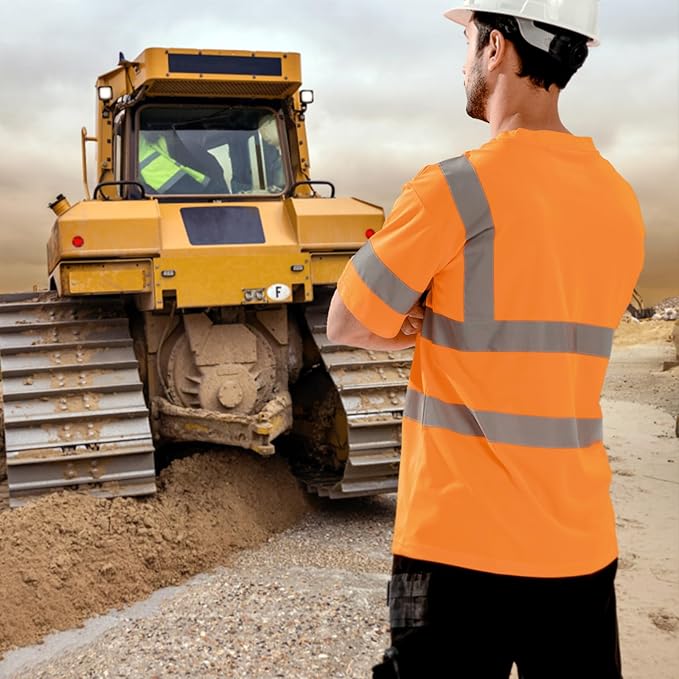 High Visibility Class 3 T Shirts，Hi Vis Safety Shirts with Reflective Strips and Pocket, Short Sleeve Quick Dry Mesh Construction Work Shirt for Men/Women Orange,6XL