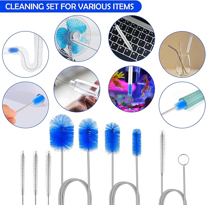 12pcs Flexible Drain Brush 78 Inch Pipe Cleaning Brush 63 Inch Drain Cleaner Brush 59 Inch Hose Brush and 3 Pcs 9 Inch Straw Cleaner Brush for Straws Kitchen Sink Plumbing Shower Drain Tube (Blue)