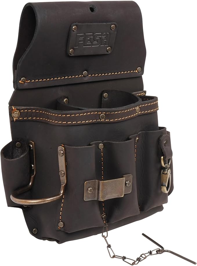 FESA Leather Electrician Tool Pouch - 13-in-1 Top Grain Leather Electrician Pouch w/Steel Hammer Loop, Tape Measure Clip, Tape T-Chain & 6 Pockets - Fits Belts up to 3" - Handcrafted