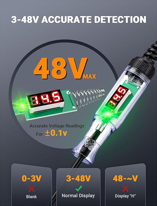 Automotive Test Light with 3-48V LED Digital Display, Circuit Tester Automotive with Voltmeter and Dual Color Polarity Indicator Light, Electrical Voltage Test Pen with Sharp Stainless Probe