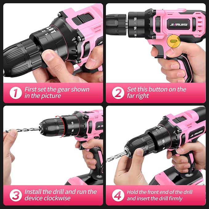 20V Cordless Drill, Electric Power Drill Set with Battery Charger, 3/8” Keyless Chuck, 2 Variable Speed, 18+3 Torque, 72pcs Driver Bits and Belt Hook, Pink