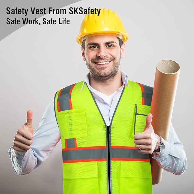 SKSAFETY 10 Pockets Safety Vest, Class 2 High Visibility Security with Zipper Double-sided mesh, Hi Vis Vest with Reflective Strips, ANSI/ISEA Standard, Construction Work Vest （Lime, L）