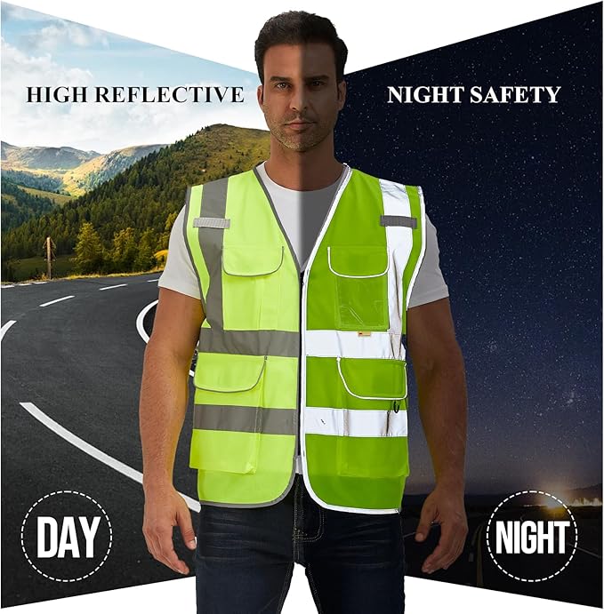 SIFE Reflective Safety Vest High Visibility Vest With 7 Pockets And YKK Zipper, ANSI/ISEA Class 2 Standard, Made With 3M Reflective Tape(03YG-Yellow Mesh,3XL)