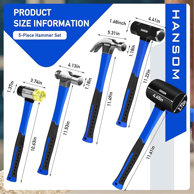 5-Pack Hammer Set,Rubber Mallet 32oz, Double-Faced Mallet 22oz,16oz Claw Hammer,16oz Ball Peen Hammer,3lb Sledge Hammer,Ergonomic Handle