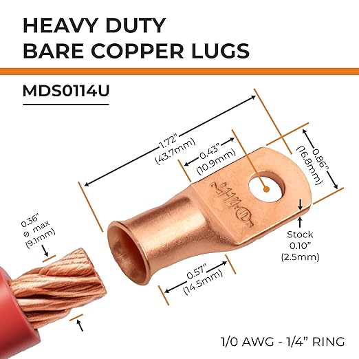 SELTERM 10pcs 1 AWG - 1/4" Stud - Battery Lugs, Heavy Duty Wire Lugs, Ring Terminals, Battery Cable Ends,1 Gauge Terminals, UL Bare Copper Eyelets Electrical Battery Terminal Connectors