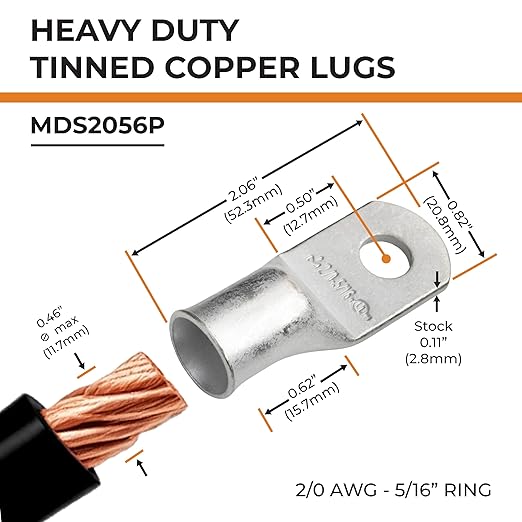 SELTERM 25pcs 2/0 AWG 5/16" Stud Marine Grade Tinned Copper Battery Cable Lugs, 00 Gauge Ring Terminals, UL Wire Lugs Electrical Battery Cable Ends, Tinned Copper Lugs Battery Terminal Connectors