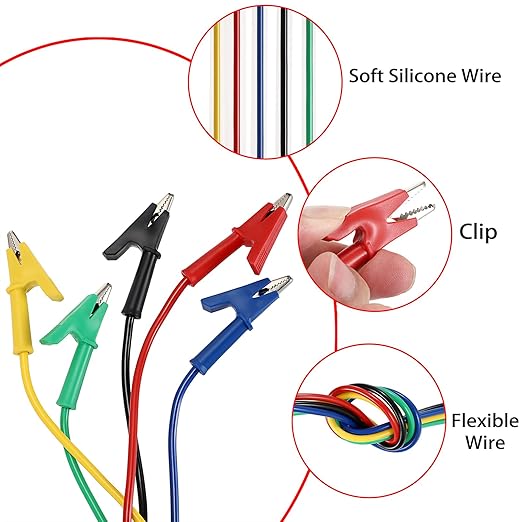 Sumnacon Multimeter Banana Plug to Crocodile Alligator Clip Test Probe, 5PC 4mm Stackable Colorful Silicone Banana Plug to Alligator Clip Test Probe Lead Wire Cable 6.6Ft/2M
