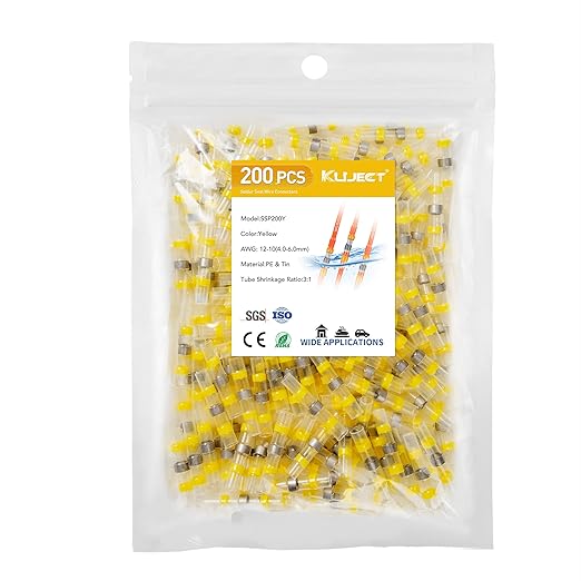 Kuject 200PCS Solder Seal Wire Connectors AWG 12-10, Yellow Solder Seal Heat Shrink Butt Connectors Terminals Solder Sleeve Waterproof Wire Splice Connector for Marine Boat Wire Joint