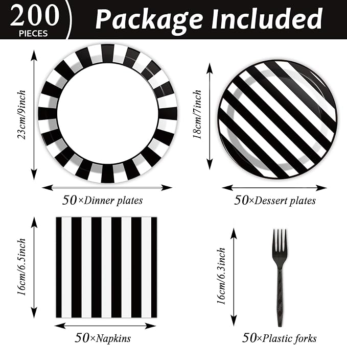 200pcs Black and White Party Plates Napkins Forks Striped Theme Party Tableware - Image 2