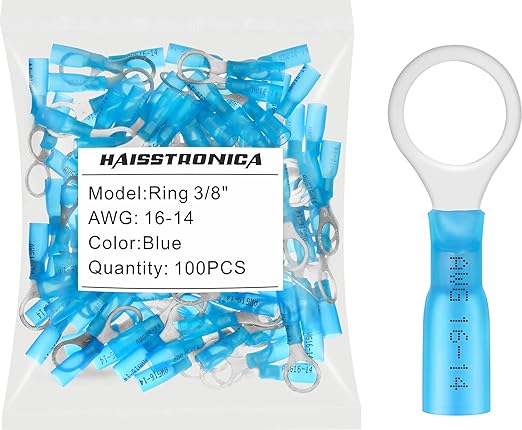 haisstronica 100pcs 3/8" Blue Marine Grade Heat Shrink Ring Connectors,16-14 Gauge Tinned Red Copper 0.7mm Ring Terminals Connectors,Brazed-Seam Insulated Electrical Crimp Wire Terminals