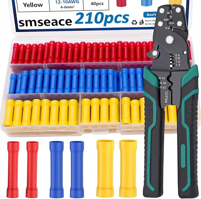 smseace 210PCS Wire Butt connectors with Wire stripper crimping tool22-10AWG Butt Splice Connectors Insulated Electrical Butt connectors Straight Wire Terminal Connectors