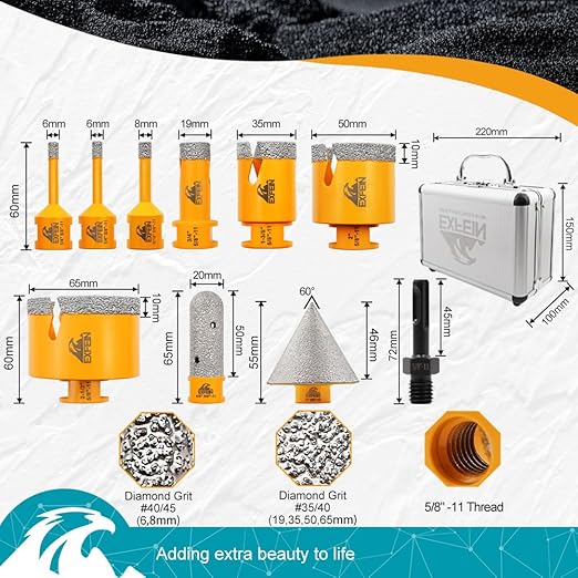 Daimond Tile Hole Saw Kit 10pcs - Diamond Core Drill Bits Set 6/6/8/19/35/50/65mm for Tile Porcelain Marble with 20mm Diamond Finger Bit and 50mm Chamfer Bit Trimming Holes & SDS Adapter