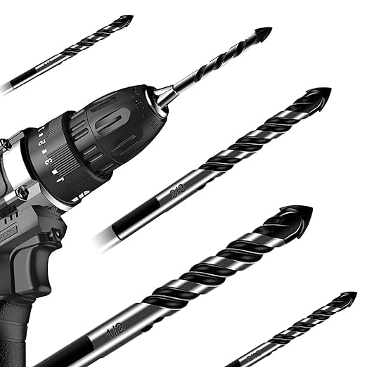 5-Piece 3/8“ Masonry Drill Bits for Tile Glass Ceramic Wall Brick Stone Soft-Metal Wood, 3/8 Inch Concrete Drill Bits Cement Drill Bit Set, 3-Flat Shank, YG8 Carbide Tungsten Steel Alloy Tip 10mm