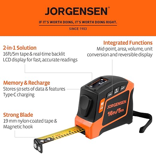 JORGENSEN Digital Tape Measure, 2-in-1 16Ft Rechargeable Digital Measuring Tape Ft/Ft+in/in/M/CM/MM Unit, Metric & Inches Tape Measurement Tool for Pythagorean, Area, Volume