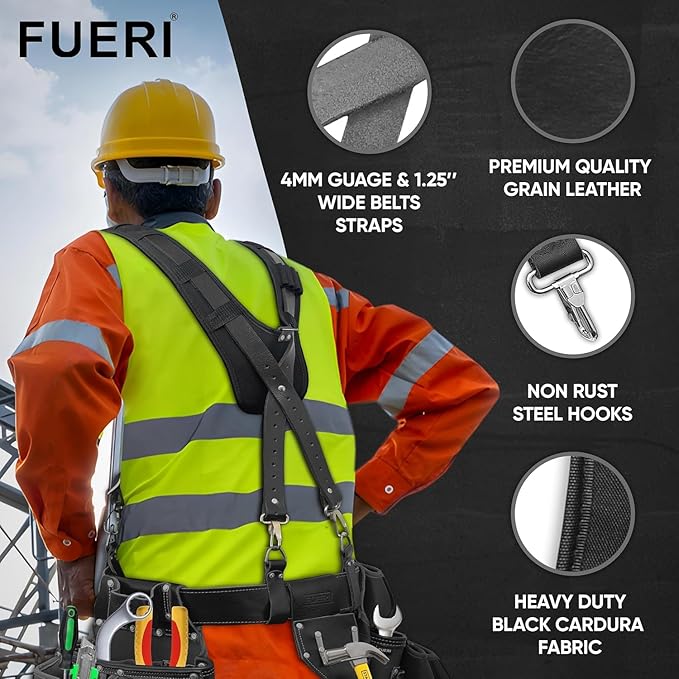 Heavy Duty 19 Pocket Leather Tool Belt Suspender Multipurpose Pockets Work Organizer Pouch Framing Fat Lip Tool Holder for Carpenter, Construction, Handyman, and Electrician Tool Belt Set