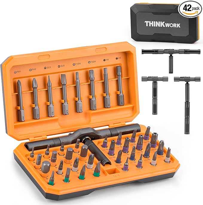 THINKWORK 42 in 1 Ratchet Screwdriver Set, Magnetic Bit Screwdriver Set With Detachable Ratchet Handle, Repair Tool Kit for furniture, computer, bicycle and DIY free Combination