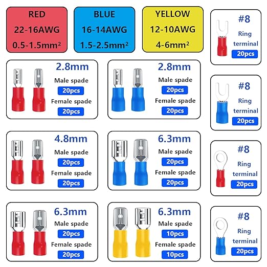Tnisesm 300Pcs Spade Connector,Crimp Connectors 2.8mm 4.8mm 6.3mm Male and Female Spade Connector kit, 16 Types Crimp Terminals Electrical Connectors Includes Spade Ring Fork Wire Connectors