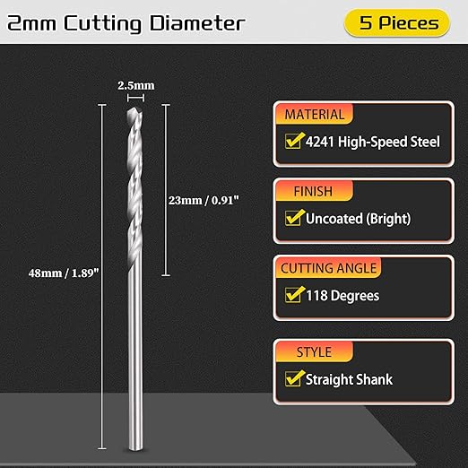 Drill Bit, 2mm Cutting Diameter, 4241 HSS 118° Cutting Angle Uncoated Bright Versatile Jobber Bits - (Applications: for Drilling Plastic Wood Soft Metal), 5-Pieces