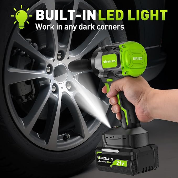 Brushless Cordless Impact Wrench, 850Nm (630Ft-lbs) High Torque, 1/2 Inch Impact Gun with 20V 4Ah Battery, 3-Speed, 4 Cr-V Sockets (17/19/21/22mm) for Car Tire, Mower Lug Nut