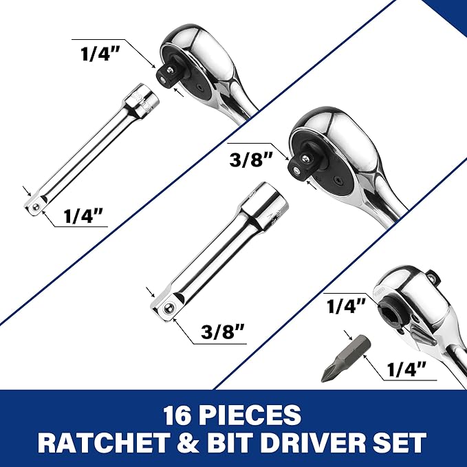 WORKPRO Stubby Ratchet & Bit Driver Set 16 PCS, 1/4", 3/8" Drive Ratchet Handle Wrench, 72-T Quick-Release Reversible Socket Wrench, 2 Socket Adapters, 2 Extension Bars, 10 PCS 1/4" Hex Bits