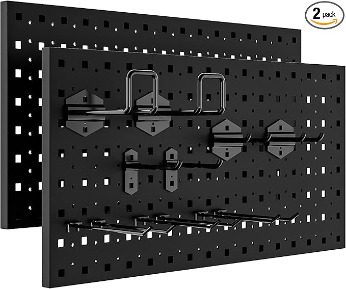 Peg Board, 2 Pack Metal Pegboard Panels Pegboards Wall Organizer with 12Pcs Hooks, Peg Board for Walls Garage Tool Storage Office Organization Kitchen Craft Room (Black, 2PCS with 12 Hooks)