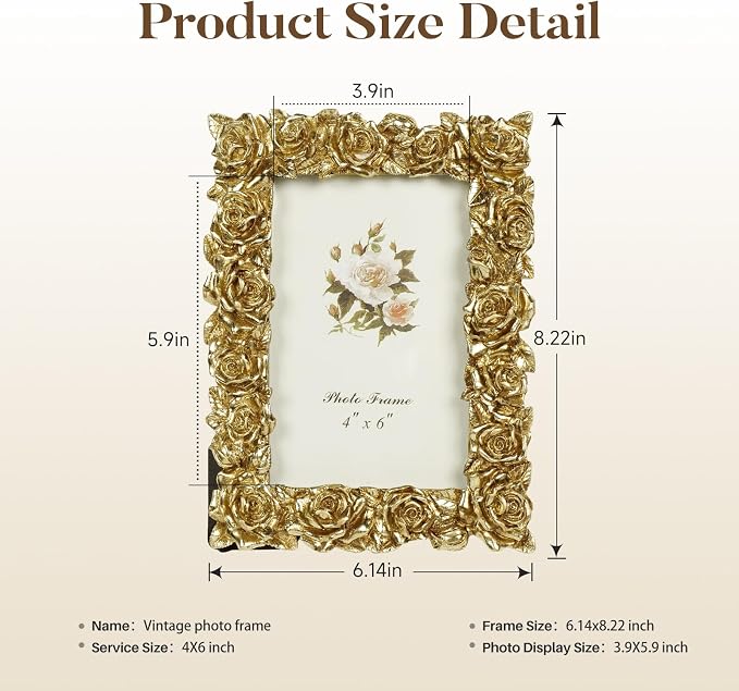 Cuspin 4x6 Picture Frame Vintage Gold Frames, Ornate Rose Flower Resin Photo - Image 4