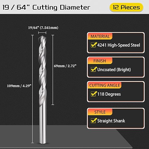 Drill Bit, 19/64" Cutting Diameter, 4241 HSS 118° Cutting Angle Uncoated Bright Versatile Jobber Bits - (Applications: for Drilling Plastic Wood Soft Metal), 12-Pieces