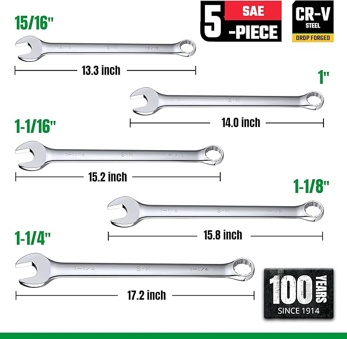 SK Long Pattern Combination Wrench Set, SAE 15/16" to 1-1/4", 5-Piece, SuperKrome Finish, Premium CR-V Construction, with Rolling Pouch