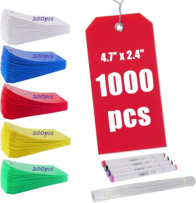 1000 PCS Plastic Shipping Tags with Wire, Waterproof Labeling Tags for Luggage, Inventory & Shelf, 5 Colors (Red, Yellow, Blue, Green, White), 4.72"x2.36", Includes 4 Markers and 1000 Iron Wires