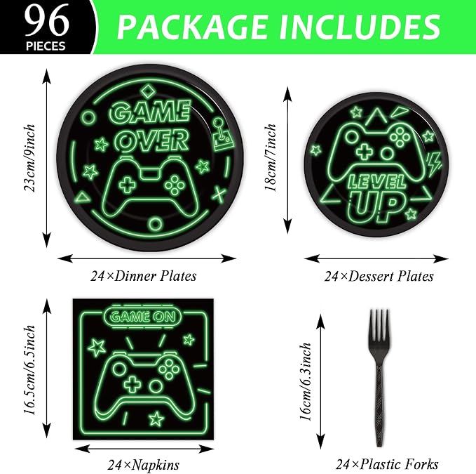 96pcs Video Game Party Supplies Tableware Set Neon Game On Paper Plates and - Image 2