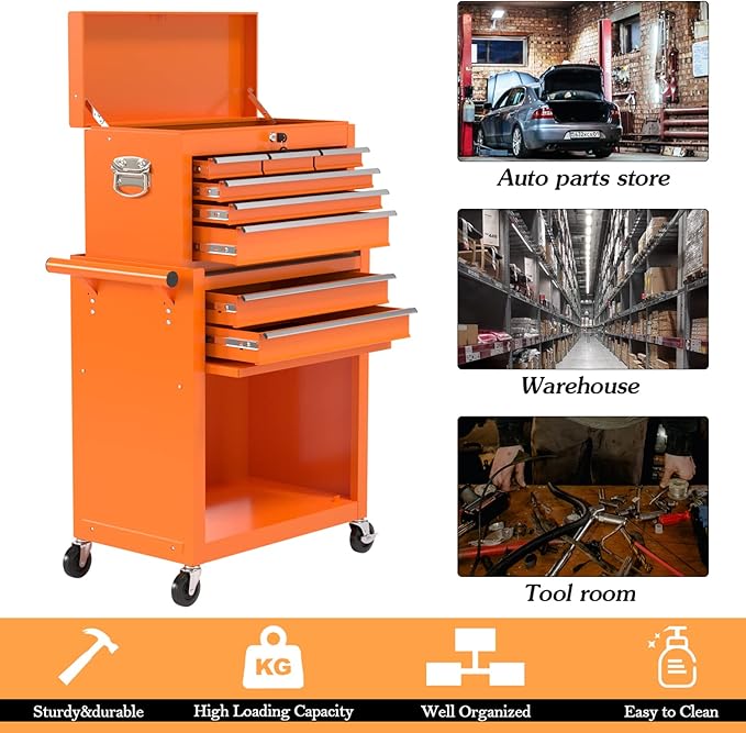 8-Drawer High Capacity Rolling Tool Chest, Removable Cabinet Storage Tool Box with Wheels and Drawers, Detachable Toolbox with Lock for Workshop Mechanics Garage（Orange）