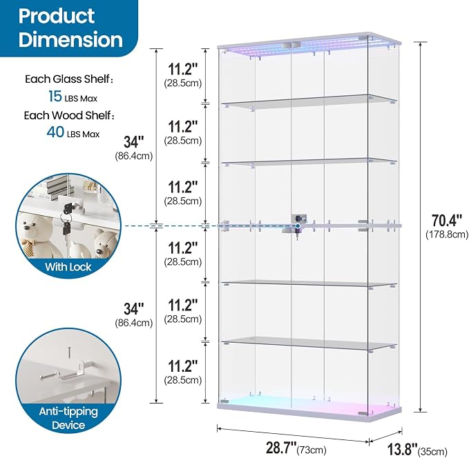 Dystler 6-Tier Glass Display Cabinet, RGB LED Lights - Image 2