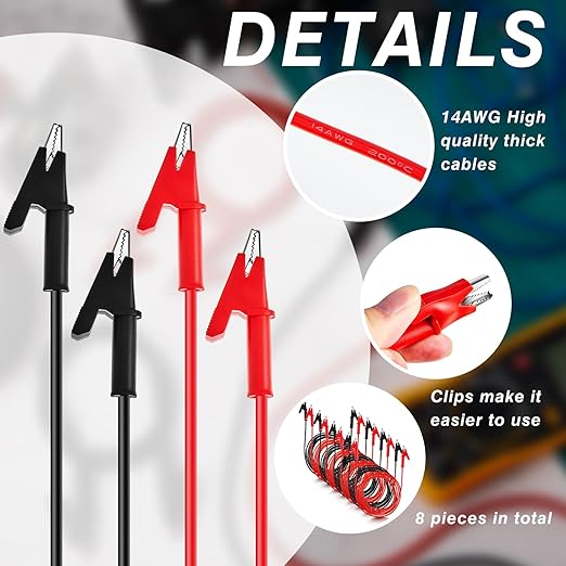 Dunzy 8 Pcs 14 Gauge Jumper Wires Alligator Clips to Alligator Clip Electrical Test Wires Set Silicone Flexible Cable for Electrical Testing (6.6 Ft)