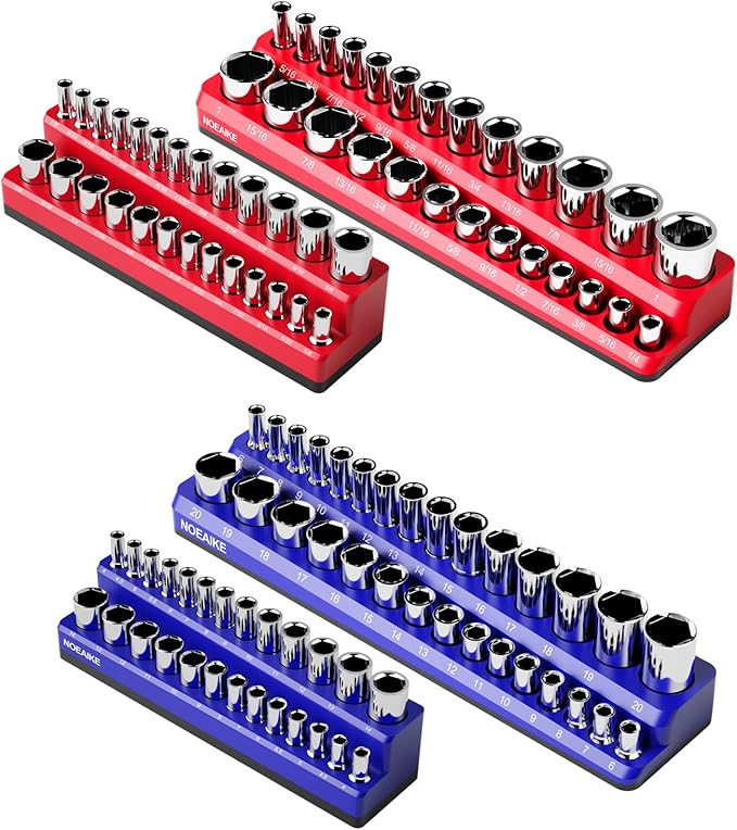 Magnetic Socket Organizer - 4-Pack Metric SAE Socket Holder - 11/4", 3/8" Drive Trays - Holds 108 Standard and Deep Size Sockets