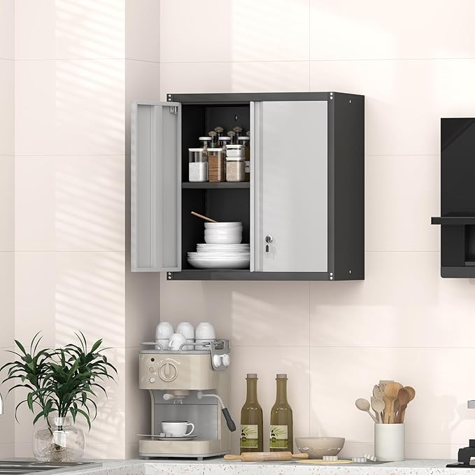 GREATMEET 27.95" H Lockable Storage Cabinet, Metal Garage Storage Cabinets, Wall Storage Cabinet for Utility Room, Black&Grey