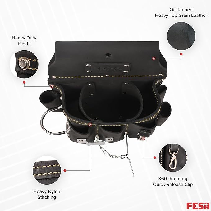 FESA Leather Electrician Tool Pouch - 13-in-1 Top Grain Leather Electrician Pouch w/Steel Hammer Loop, Tape Measure Clip, Tape T-Chain & 6 Pockets - Fits Belts up to 3" - Handcrafted