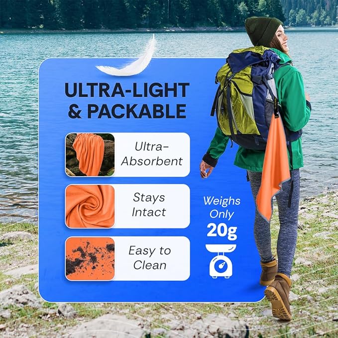 Backpacking Ultralight Quick Dry Microfiber Soft Fast Drying Hand and Face Towel Wash Cloth Camping Yoga Hiking Active Lifestyle Small (Orange, Small)