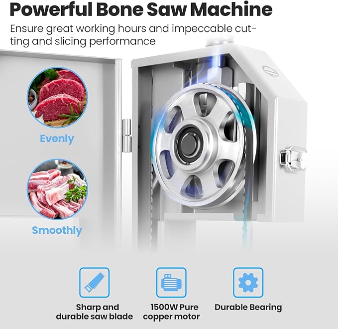 1500W Commercial Bandsaw Machine, 19x14" Stainless Steel Worktable, Cuts 0.04-5.0" Thickness Electric Bone Saw Machine, Frozen Meat Cutter with 8 Blades Included, for Rib Pork Beef