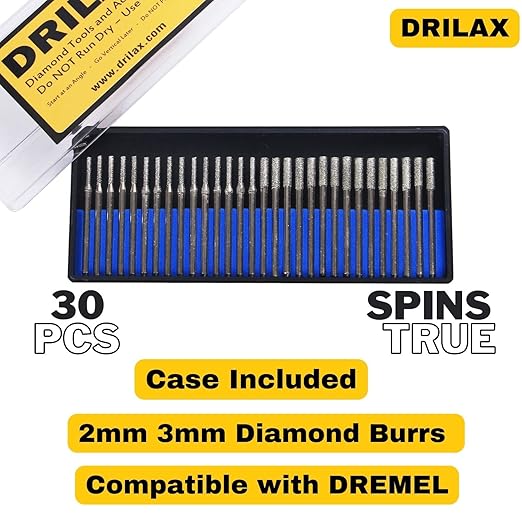 Drilax 30-Pc Diamond Drill Bit Set | 15x 2mm & 15x 3mm | 1/8" Shank Dremel Compatible for Glass, Sea Glass, Gemstones & Lapidary