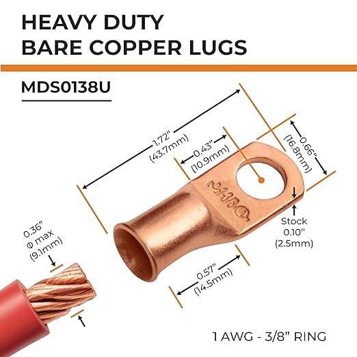 SELTERM 25pcs 1 AWG 3/8" Stud Battery Lugs, Ring Terminals, Heavy Duty Copper Wire Lugs, Battery Cable Ends, 1 Gauge Ring Terminal Connectors, UL Bare Copper Eyelets Electrical Battery Cable Lugs