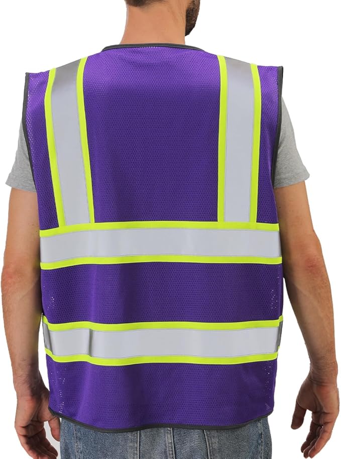 Dib Safety Reflective Mesh Vest High Visibility Two Tone with Pockets and Zipper, Purple Mesh with Yellow Trim 3XL