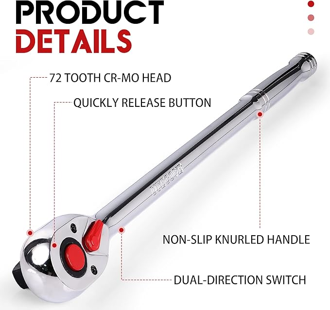 1/2-Inch Drive Ratchet Wrench, 1/2 Ratchet Wrench Long Handle, Socket Wrench, 72-Tooth Quick-release Reversible Cr-Mo Head, Chrome Steel Made - 24''61cm