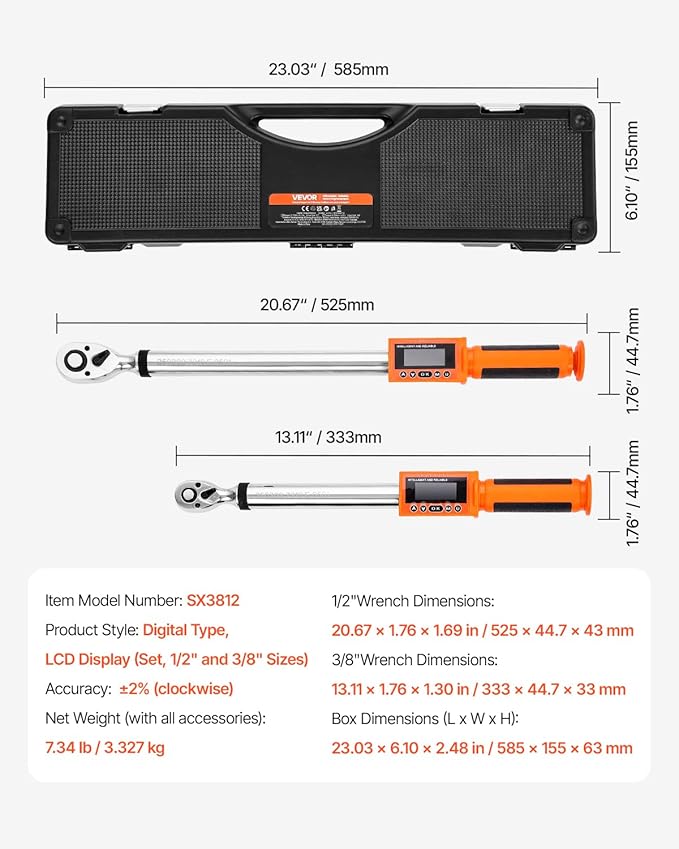 VEVOR Digital Torque Wrench 3/8 1/2 Inch Drive, 0-44.25FT.LB(0-60Nm)/0-162.26FT.LB(0-220Nm) ±2% Accuracy, Electronic Torque Wrench with Preset Mode,Vibration,Buzzer,LED Notification,5Units of Measure