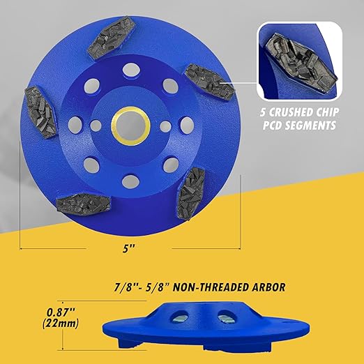 5" PCD Grinding Wheel for Epoxy, Glue, Mastic and Paint, 5 Crushed Chip PCD Segments, 7/8"-5/8" Non-Threaded Arbor