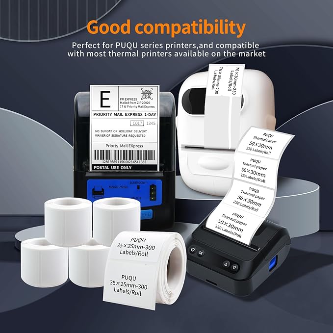 PUQU 30x20mm Direct Thermal Sticker Labels, Self-Adhesive All-Purpose Label Maker Tape, Compatible with AQ Series Label Printer, Refills Standard Laminated Office Labeling, 6 Rolls, 1920 Labels