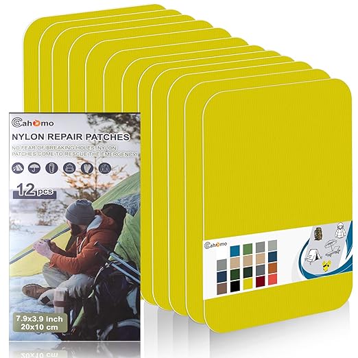 7.9x3.9 inch 12 PCS Nylon Repair Patch Nylon Repair Tape Self Adhesive Fabric Tapes Outdoor Camping Gear Fabric kit for Tent, Umbrella, Down Jackets, Sleeping Bag, Knapsack（Yellow）