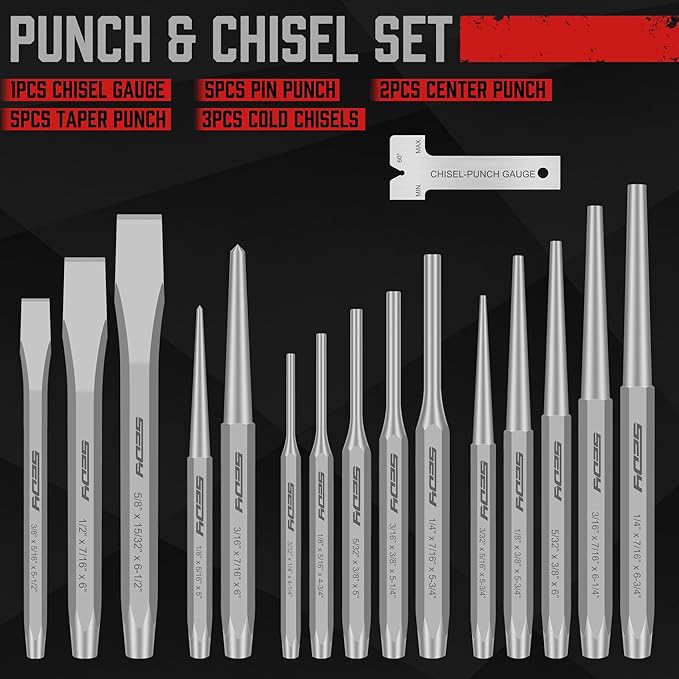 16-Piece Precision Punch & Chisel Set - Taper Punch, Pin Punch, Center Punch, Cold Chisels & Gauge for Versatile Applications